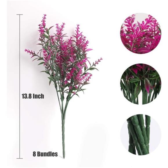 8 Bundles Artificial Flowers Fake Outdoor Plants Faux UV Resistant Lavender - Picture 3 of 6